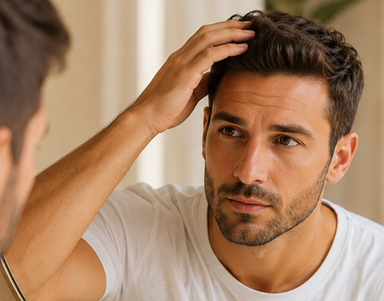 Man checking his phone while brushing through his hair